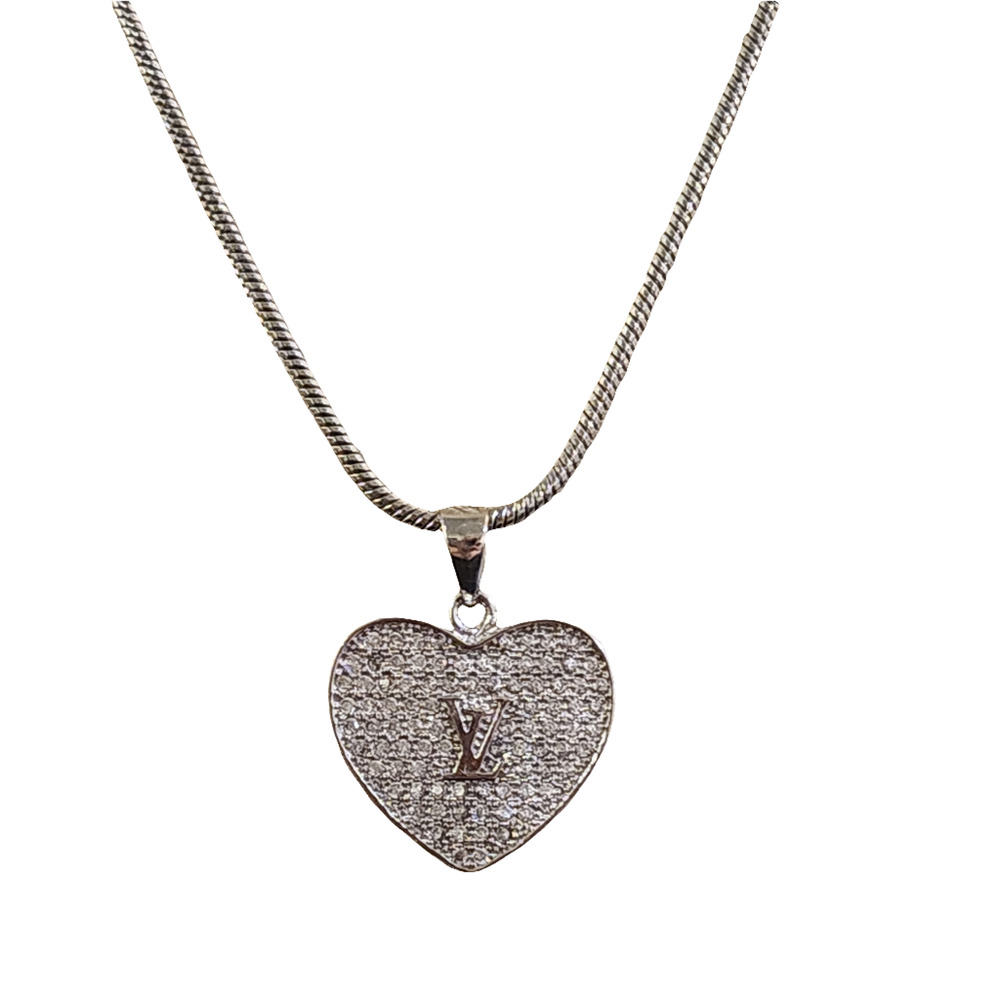 LV Rhinestone Silver Heart Charm on Stainless Steel Chain